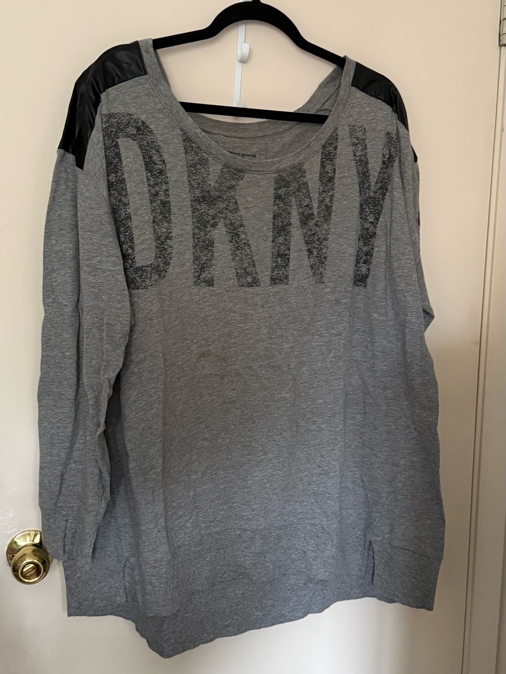 DKNY Gray Long Sleeve Logo Sweatshirt with Black Shoulder Panels